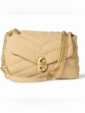 Amazon Essentials Tan Quilted Faux Suede Flap Shoulder Bag with Gold Chain⁠